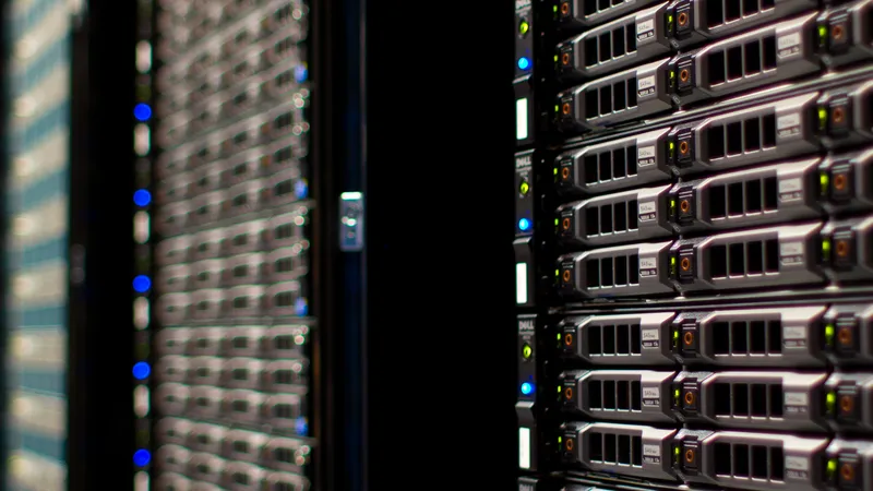 Rows of rack-mounted servers in a data centre, lit by status LEDs